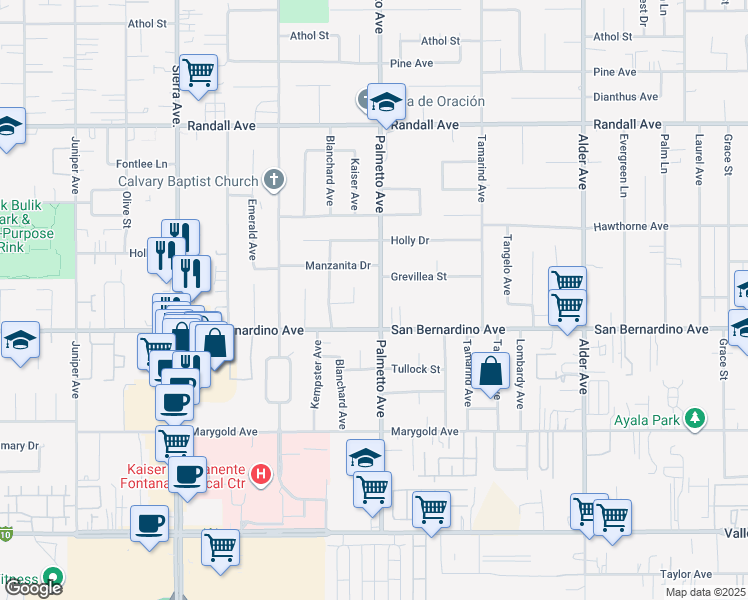 map of restaurants, bars, coffee shops, grocery stores, and more near 9646 Palmetto Avenue in Fontana