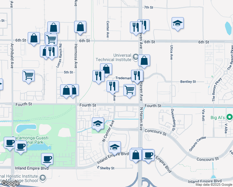 map of restaurants, bars, coffee shops, grocery stores, and more near 10378 Commerce Center Drive in Rancho Cucamonga