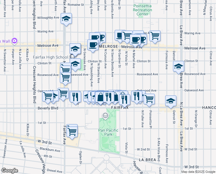 map of restaurants, bars, coffee shops, grocery stores, and more near 414 North Curson Avenue in Los Angeles