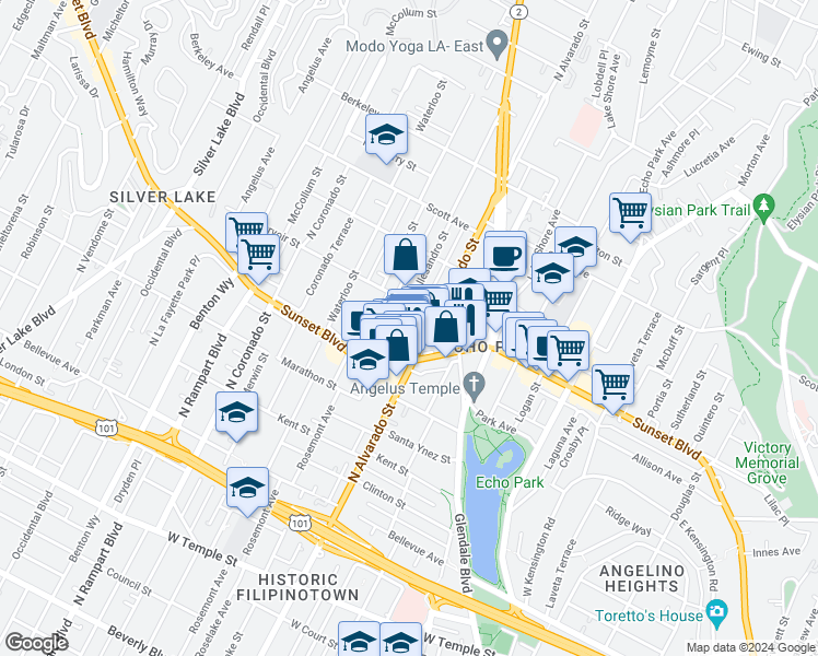 map of restaurants, bars, coffee shops, grocery stores, and more near 2119 Elsinore Street in Los Angeles