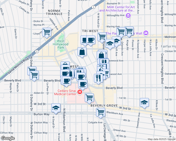 map of restaurants, bars, coffee shops, grocery stores, and more near 381 Huntley Drive in West Hollywood