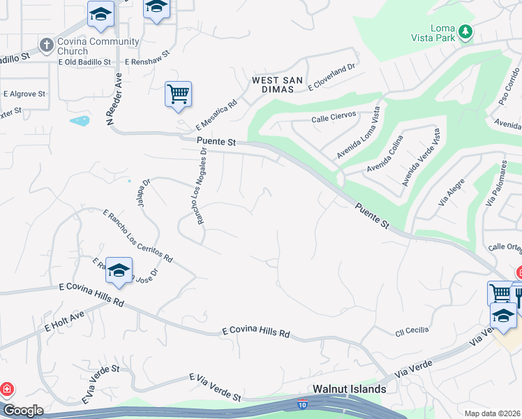 map of restaurants, bars, coffee shops, grocery stores, and more near 560 Rancho Vista Drive in Covina