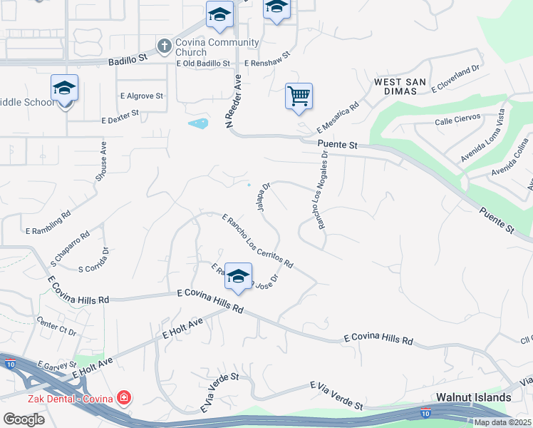 map of restaurants, bars, coffee shops, grocery stores, and more near 620 Jalapa Drive in Covina
