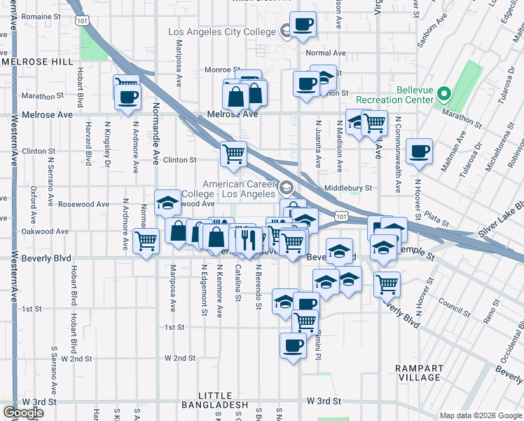 map of restaurants, bars, coffee shops, grocery stores, and more near 4114 Rosewood Avenue in Los Angeles