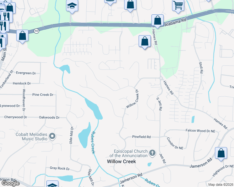 map of restaurants, bars, coffee shops, grocery stores, and more near 4967 Willow Creek Drive in Woodstock