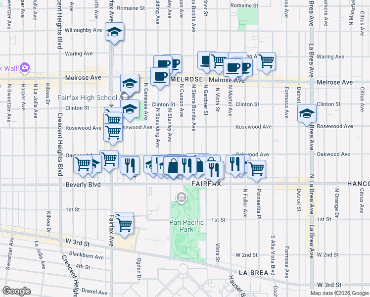 map of restaurants, bars, coffee shops, grocery stores, and more near 414 North Curson Avenue in Los Angeles
