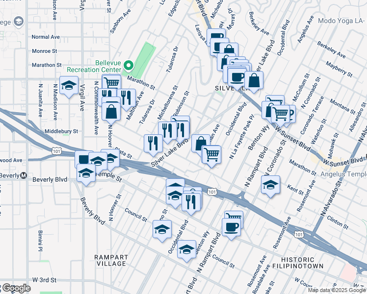 map of restaurants, bars, coffee shops, grocery stores, and more near 624 Silver Lake Boulevard in Los Angeles