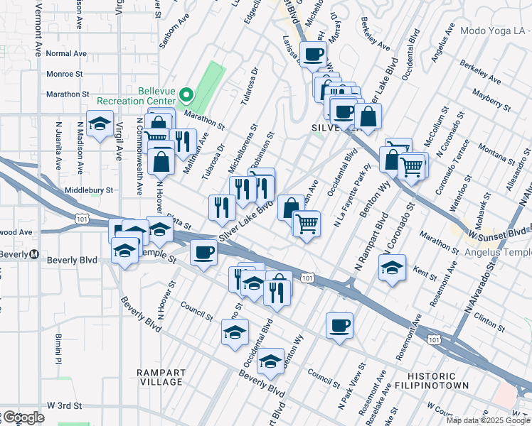 map of restaurants, bars, coffee shops, grocery stores, and more near 624 Silver Lake Boulevard in Los Angeles