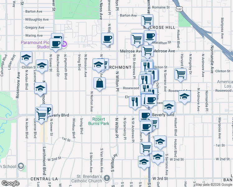 map of restaurants, bars, coffee shops, grocery stores, and more near 385 North Wilton Place in Los Angeles