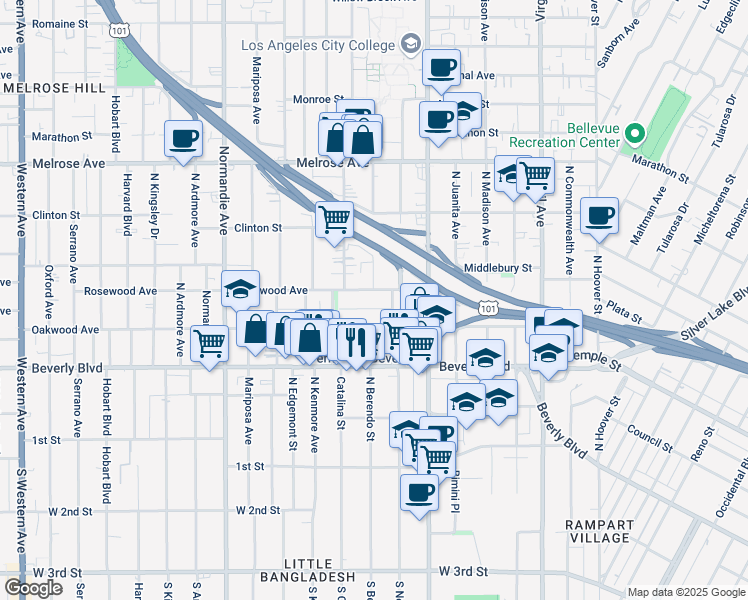 map of restaurants, bars, coffee shops, grocery stores, and more near 4114 Rosewood Avenue in Los Angeles