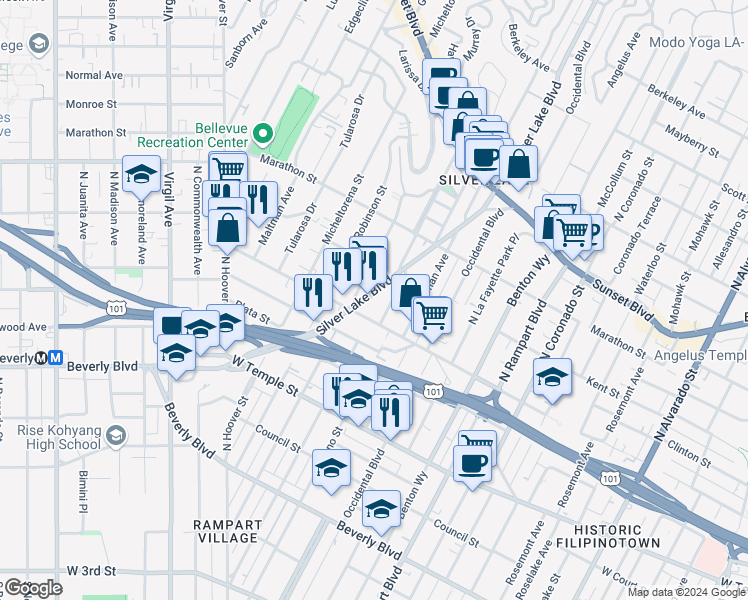 map of restaurants, bars, coffee shops, grocery stores, and more near 624 Silver Lake Boulevard in Los Angeles