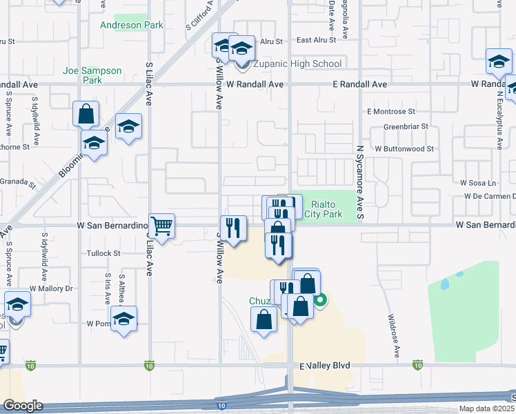map of restaurants, bars, coffee shops, grocery stores, and more near 200 West San Bernardino Avenue in Rialto