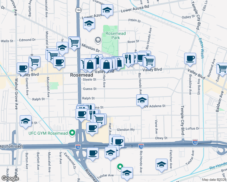 map of restaurants, bars, coffee shops, grocery stores, and more near 9234 Guess Street in Rosemead