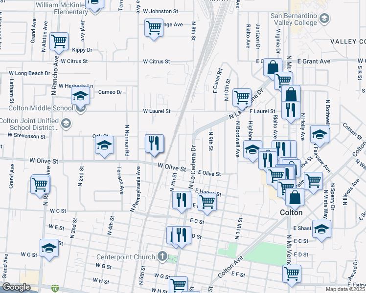 map of restaurants, bars, coffee shops, grocery stores, and more near 1166 North 7th Street in Colton
