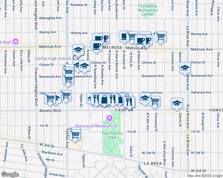 map of restaurants, bars, coffee shops, grocery stores, and more near 414 North Curson Avenue in Los Angeles