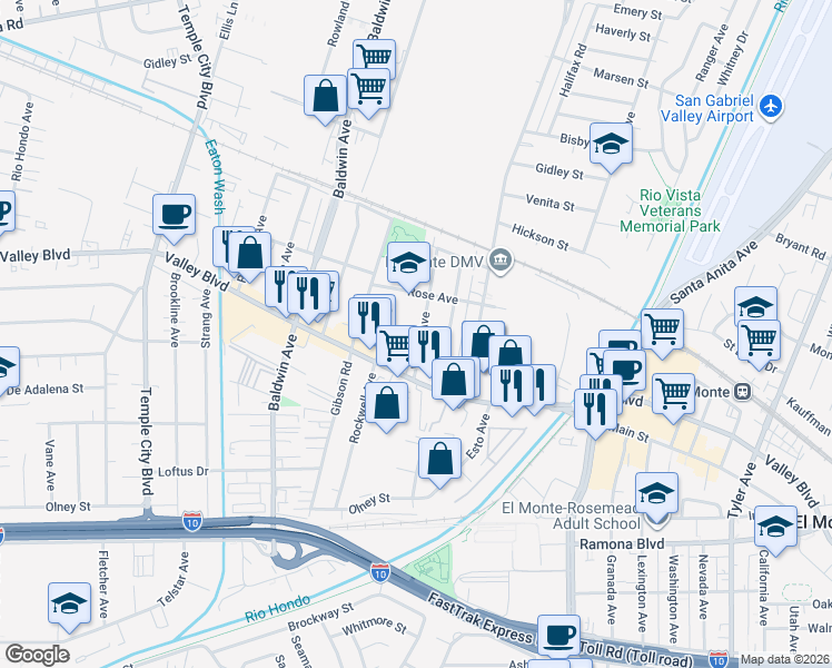 map of restaurants, bars, coffee shops, grocery stores, and more near 3839 Velma Avenue in El Monte