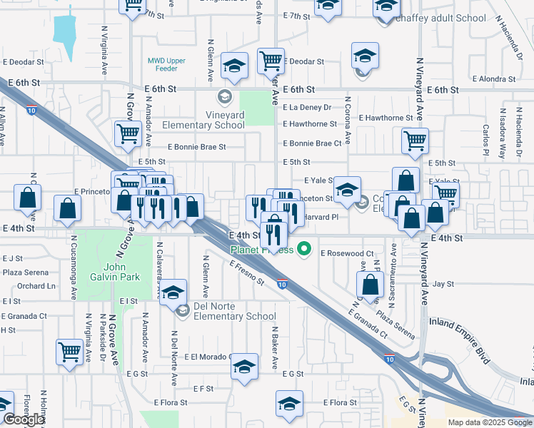 map of restaurants, bars, coffee shops, grocery stores, and more near 1531 East 4th Street in Ontario