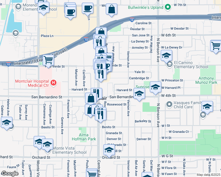 map of restaurants, bars, coffee shops, grocery stores, and more near 5330 San Bernardino Street in Montclair