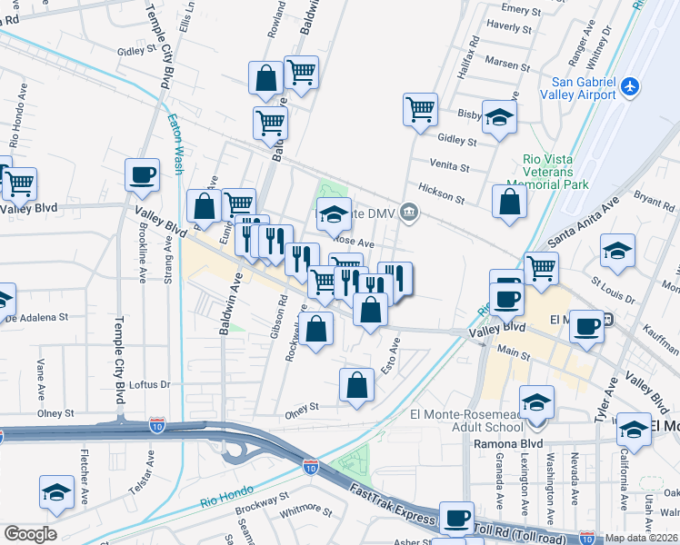 map of restaurants, bars, coffee shops, grocery stores, and more near 3839 Velma Avenue in El Monte