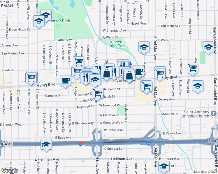 map of restaurants, bars, coffee shops, grocery stores, and more near 501 West Bencamp Street in San Gabriel