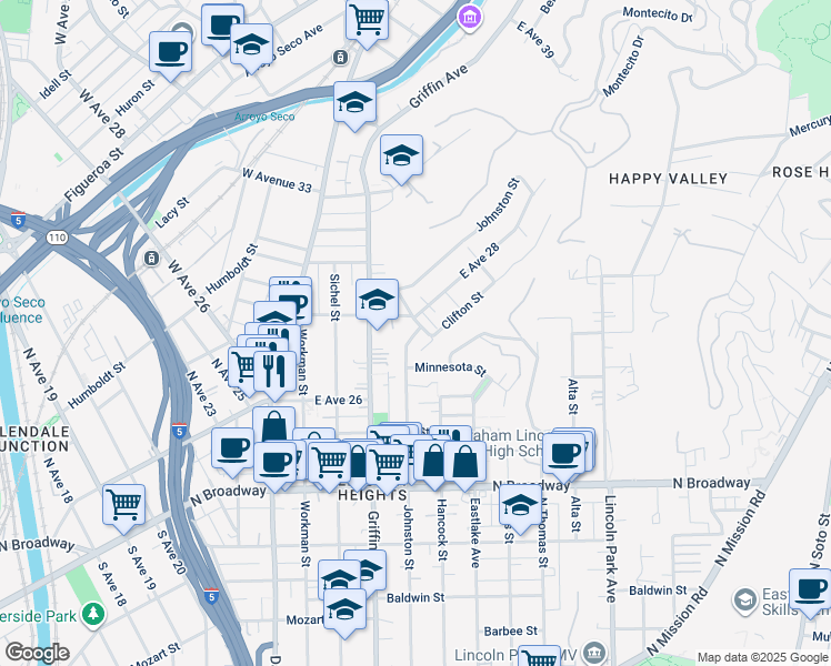 map of restaurants, bars, coffee shops, grocery stores, and more near 2711 Johnston Street in Los Angeles