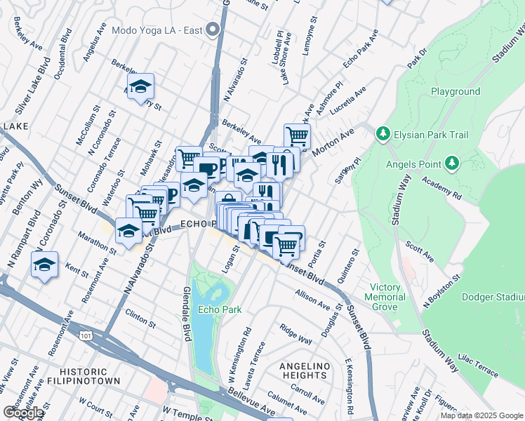map of restaurants, bars, coffee shops, grocery stores, and more near 1615 Montana Street in Los Angeles