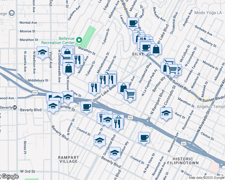 map of restaurants, bars, coffee shops, grocery stores, and more near 624 Silver Lake Boulevard in Los Angeles