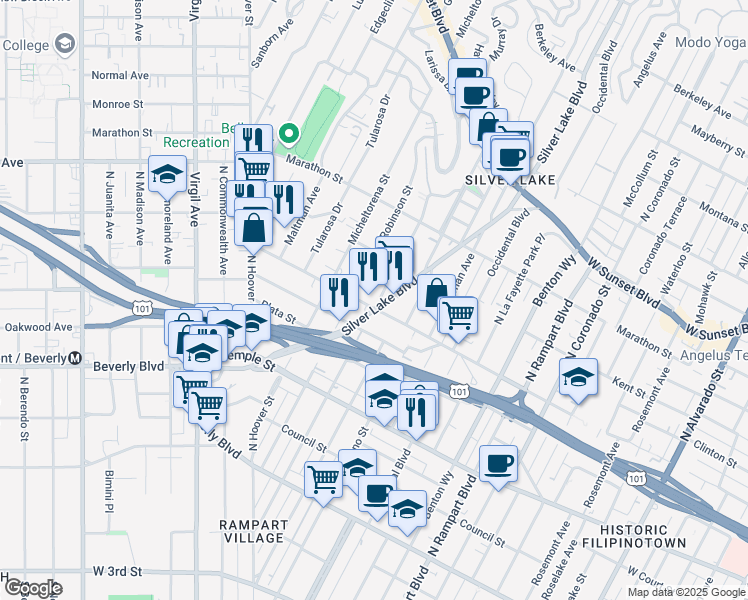 map of restaurants, bars, coffee shops, grocery stores, and more near 3207 Bellevue Avenue in Los Angeles
