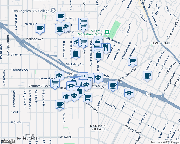 map of restaurants, bars, coffee shops, grocery stores, and more near 420 North Commonwealth Avenue in Los Angeles