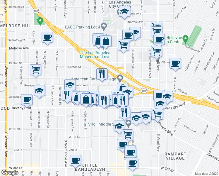 map of restaurants, bars, coffee shops, grocery stores, and more near 4126 Rosewood Avenue in Los Angeles