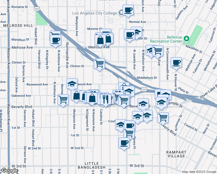map of restaurants, bars, coffee shops, grocery stores, and more near 4126 Rosewood Avenue in Los Angeles