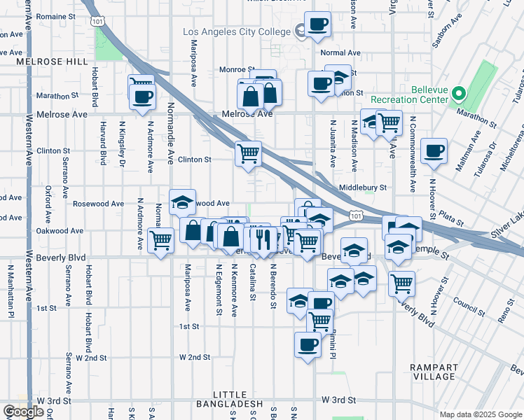 map of restaurants, bars, coffee shops, grocery stores, and more near 4126 Rosewood Avenue in Los Angeles
