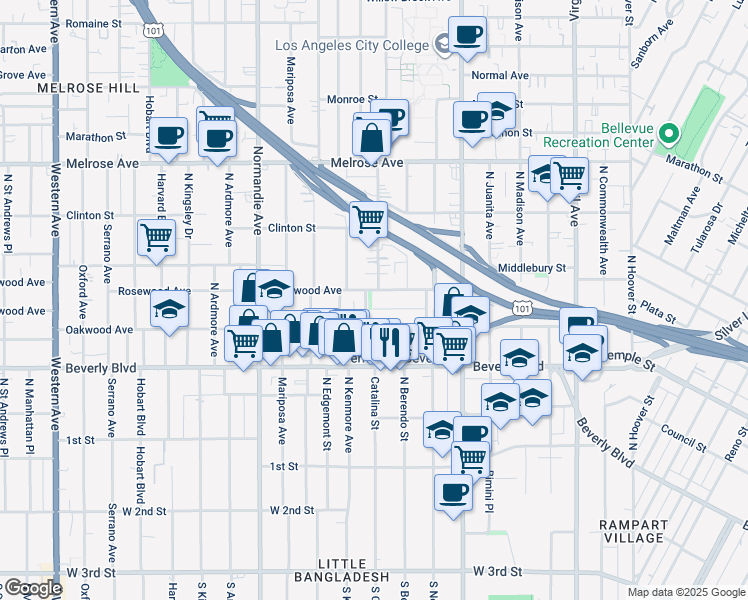 map of restaurants, bars, coffee shops, grocery stores, and more near 429 North Heliotrope Drive in Los Angeles