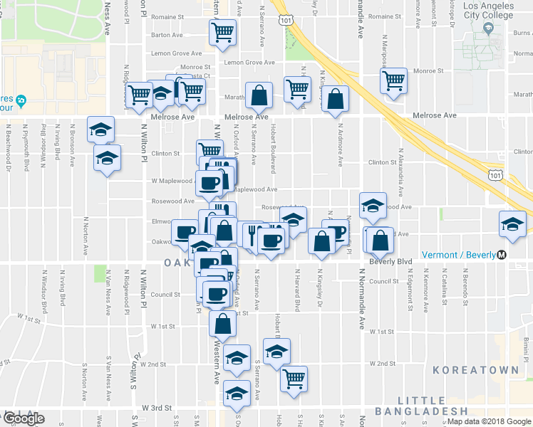 map of restaurants, bars, coffee shops, grocery stores, and more near 428 North Serrano Avenue in Los Angeles