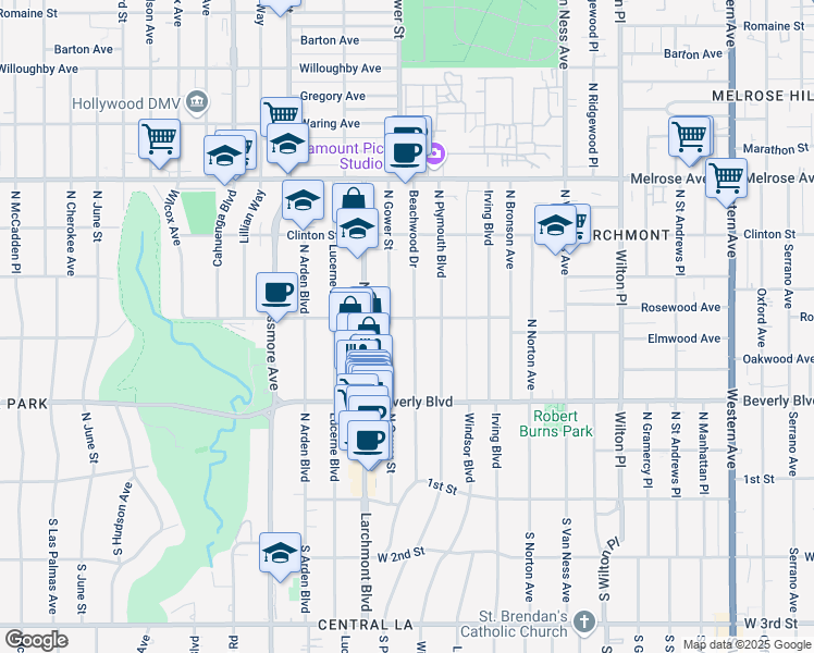 map of restaurants, bars, coffee shops, grocery stores, and more near 434 North Beachwood Drive in Los Angeles