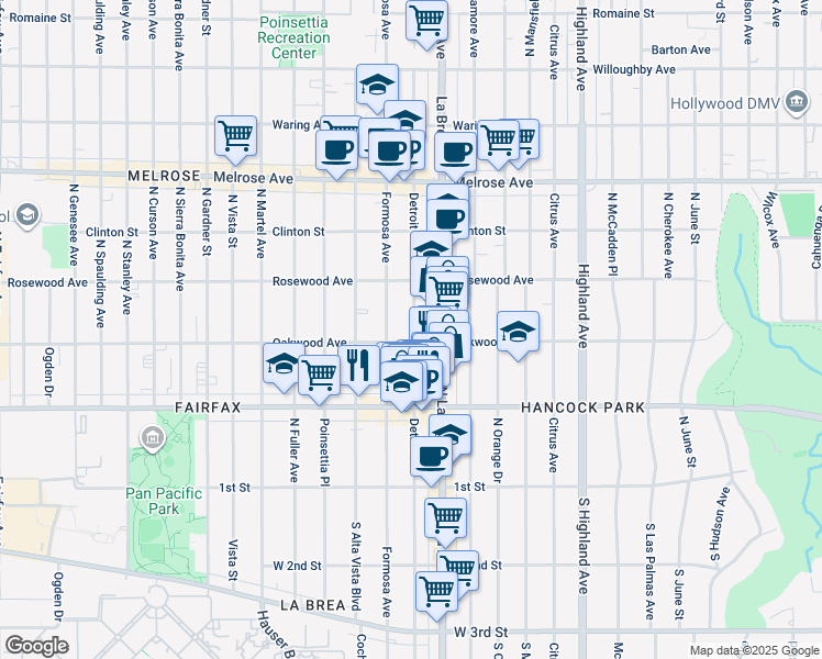 map of restaurants, bars, coffee shops, grocery stores, and more near 401 North Detroit Street in Los Angeles