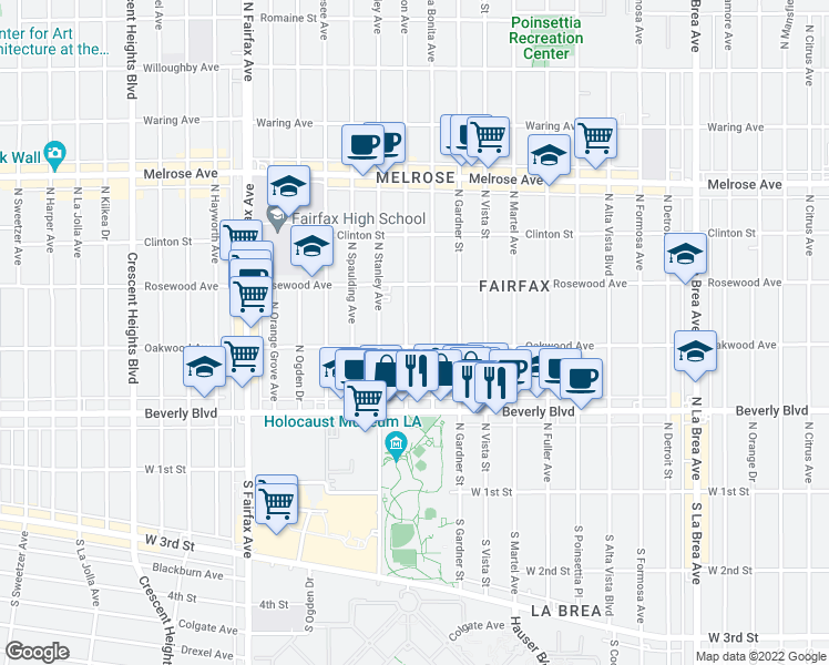 map of restaurants, bars, coffee shops, grocery stores, and more near 411 North Sierra Bonita Avenue in Los Angeles