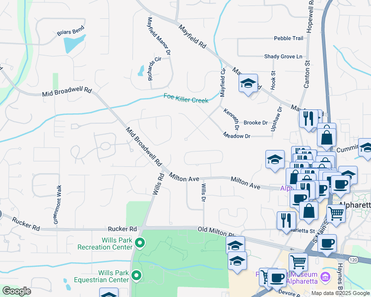 map of restaurants, bars, coffee shops, grocery stores, and more near 401 Lynne Circle in Alpharetta