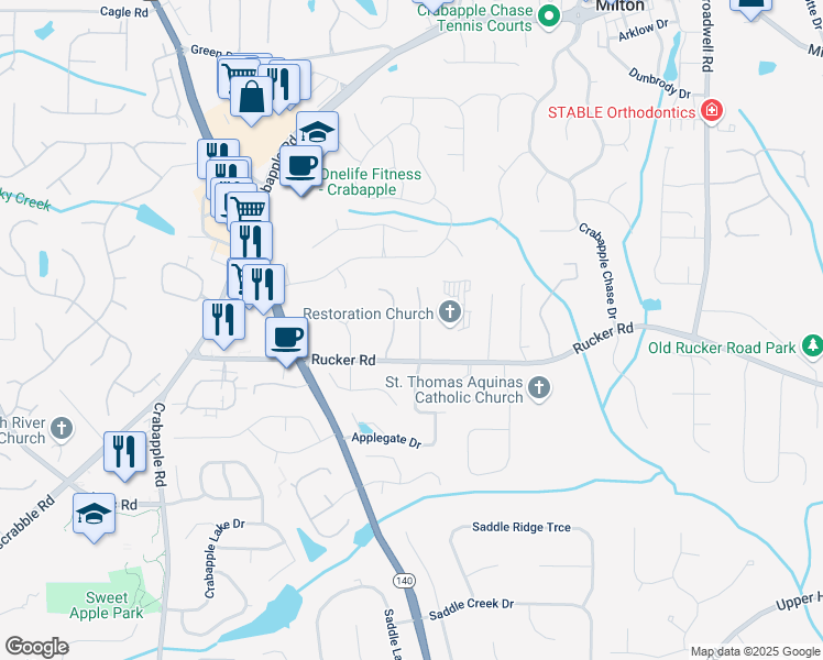 map of restaurants, bars, coffee shops, grocery stores, and more near 1055 Jordan Lane in Alpharetta