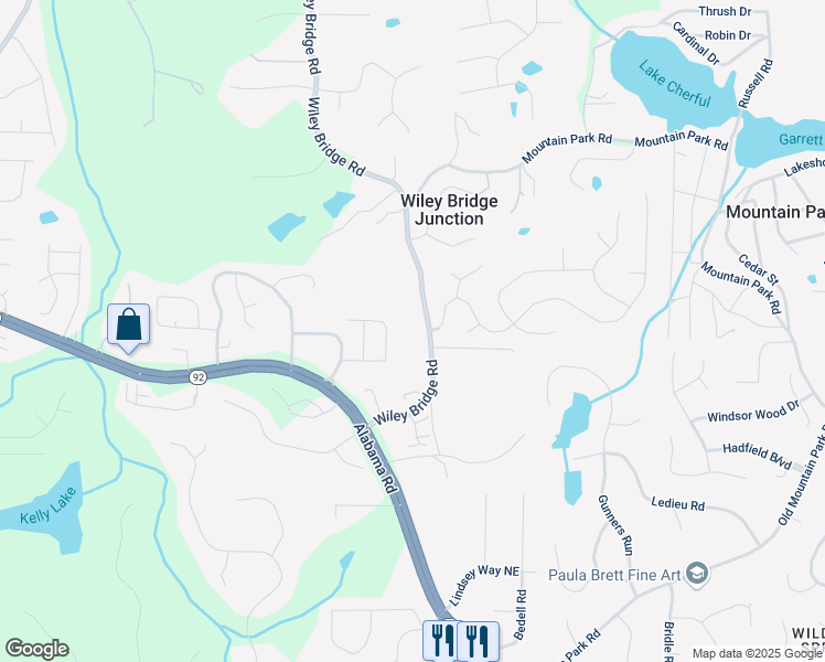 map of restaurants, bars, coffee shops, grocery stores, and more near 1001 Wiley Bridge Road in Woodstock