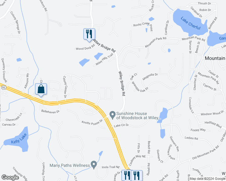 map of restaurants, bars, coffee shops, grocery stores, and more near 252 Parc View Lane in Woodstock