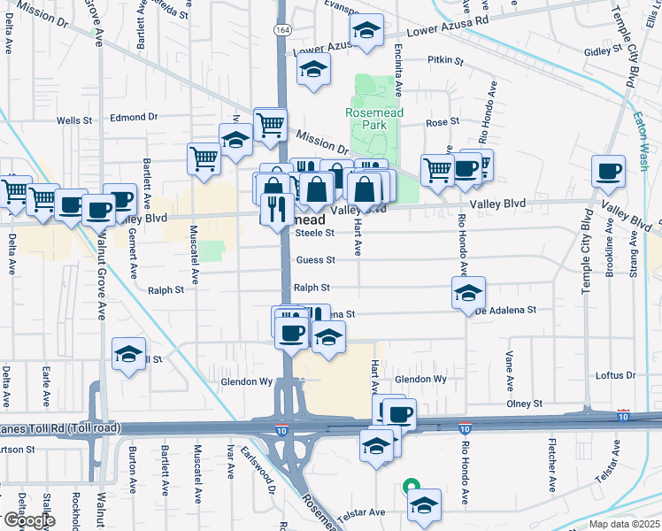 map of restaurants, bars, coffee shops, grocery stores, and more near 9112 Guess Street in Rosemead