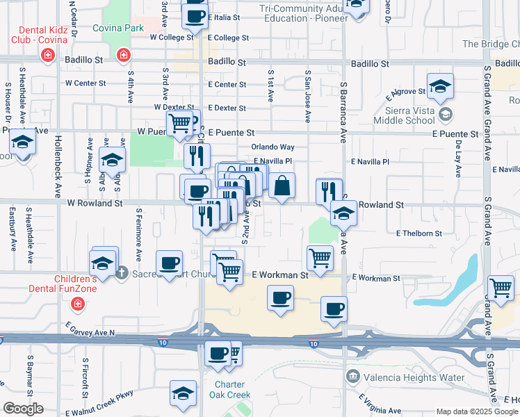 map of restaurants, bars, coffee shops, grocery stores, and more near 256 East Rowland Street in Covina