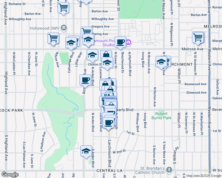 map of restaurants, bars, coffee shops, grocery stores, and more near 435 North Gower Street in Los Angeles