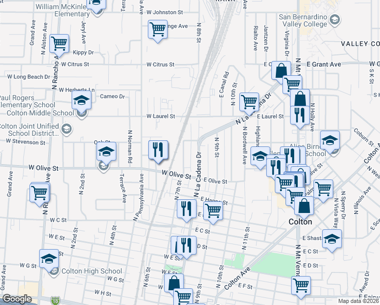 map of restaurants, bars, coffee shops, grocery stores, and more near 1166 North 7th Street in Colton