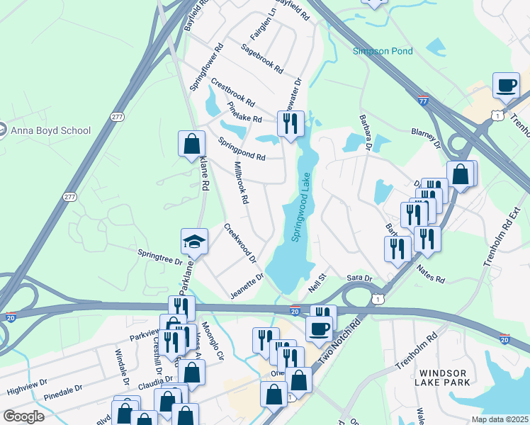 map of restaurants, bars, coffee shops, grocery stores, and more near 7519 Edgewater Drive in Columbia