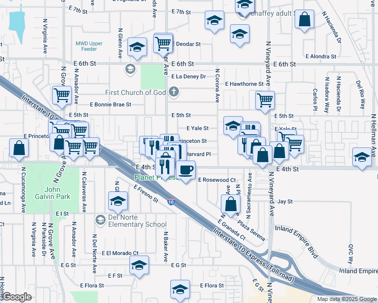 map of restaurants, bars, coffee shops, grocery stores, and more near 1671A East Harvard Place in Ontario