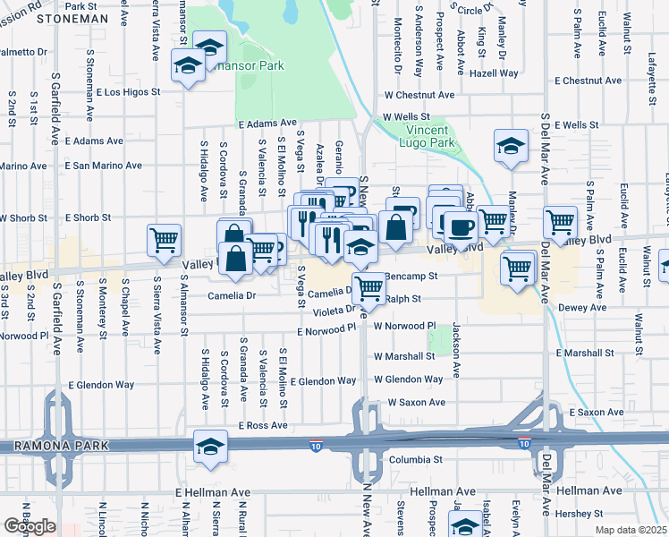 map of restaurants, bars, coffee shops, grocery stores, and more near 1400 E Valley Boulevard in Alhambra