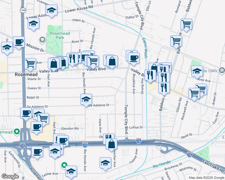 map of restaurants, bars, coffee shops, grocery stores, and more near 9558 Guess St in Rosemead