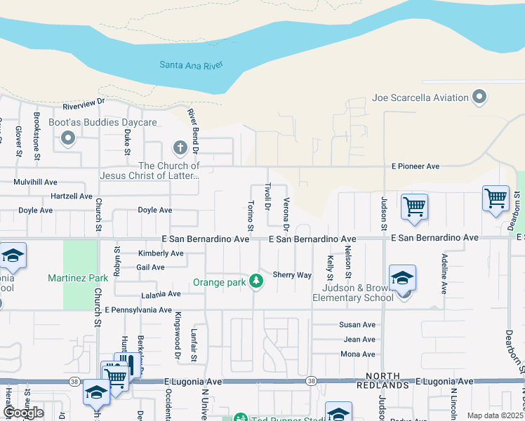 map of restaurants, bars, coffee shops, grocery stores, and more near 1669 Tivoli Drive in Redlands